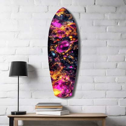 Cosmic Surfboard Tempered Glass Art with Nebula Swirls | Contemporary Home Wall Art | vintageantiquesgifts.com