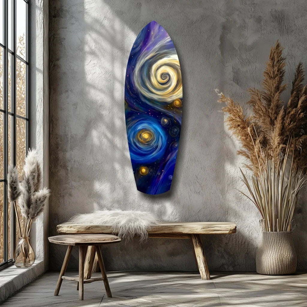 Vibrant cosmic surfboard tempered glass art with swirling galaxy design