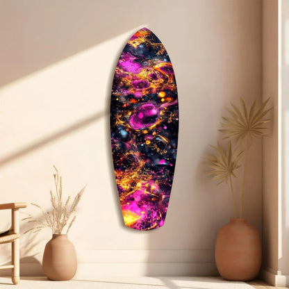 Vibrant cosmic surfboard tempered glass art with nebula swirls in purples, pinks, golds
