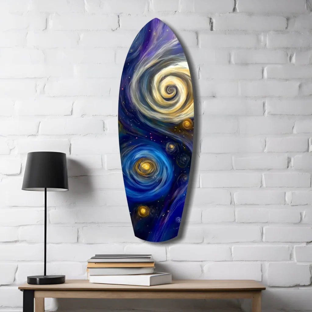 Vibrant cosmic surfboard tempered glass art with swirling galaxy design