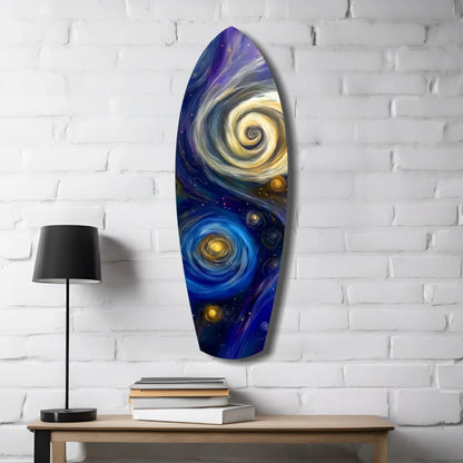 Vibrant cosmic surfboard tempered glass art with swirling galaxy design