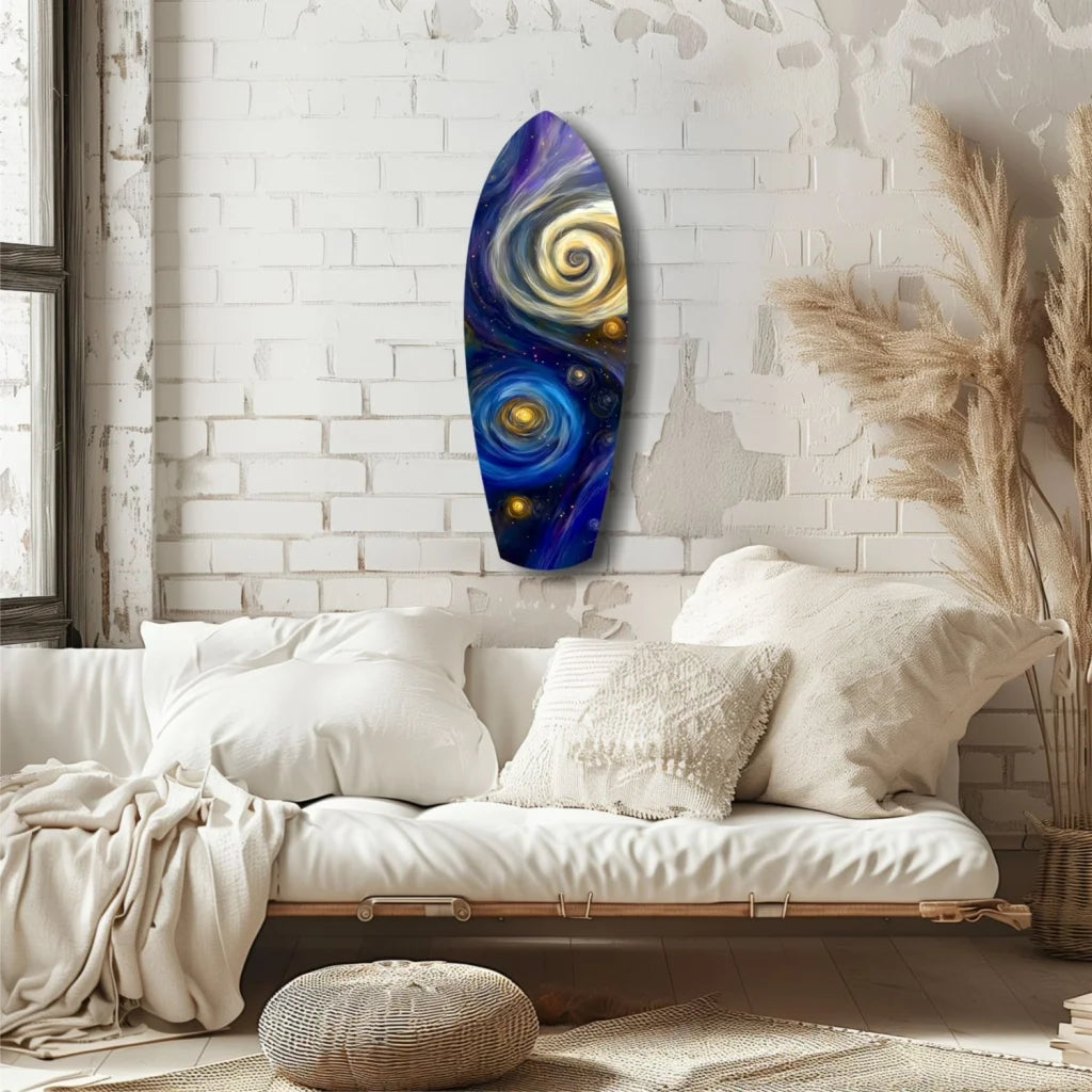Vibrant cosmic surfboard tempered glass art with swirling galaxy design