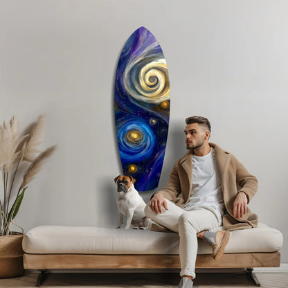 Vibrant cosmic surfboard tempered glass art with swirling galaxy design