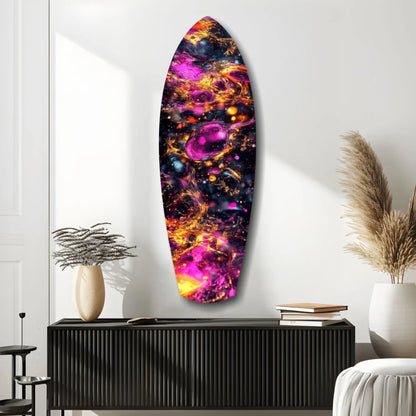 Vibrant cosmic surfboard tempered glass art with nebula swirls