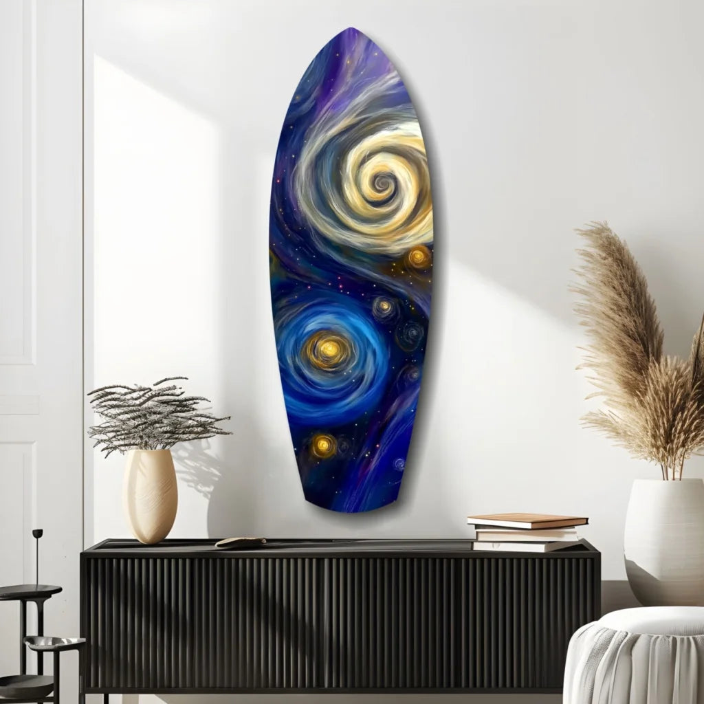 Cosmic surfboard tempered glass art with swirling galaxy design