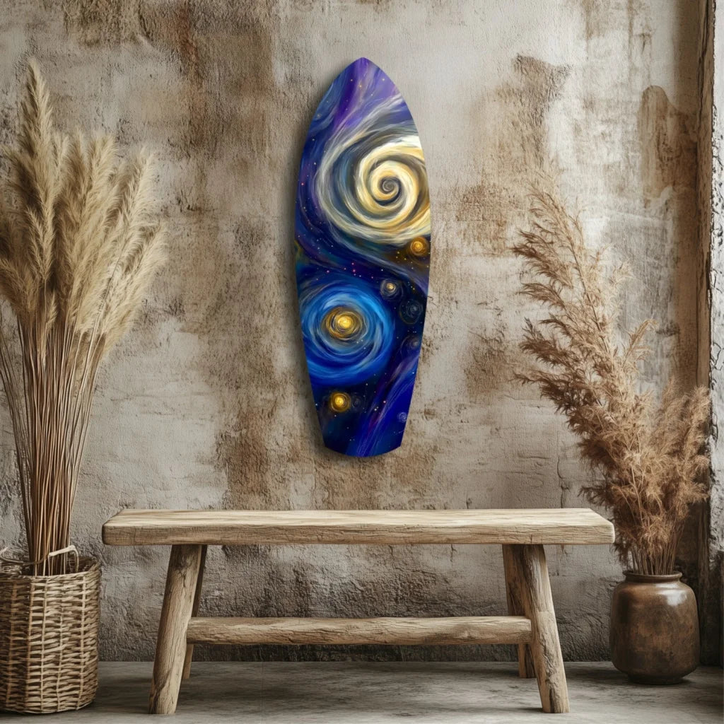 Vibrant cosmic surfboard tempered glass art with swirling galaxy design