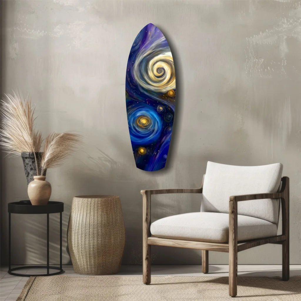 Vibrant cosmic surfboard tempered glass art with swirling galaxy design