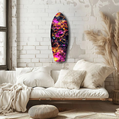 Vibrant cosmic surfboard tempered glass art with kinetic cosmos nebula swirls