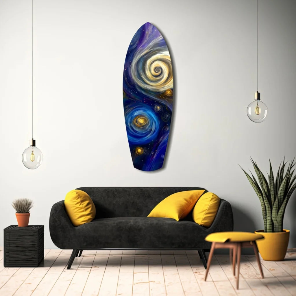 Cosmic surfboard tempered glass art with swirling galaxy design