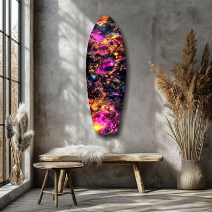 Vibrant cosmic surfboard tempered glass art with nebula swirls