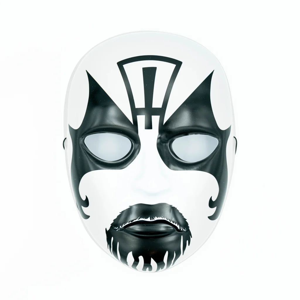 White and black King Diamond’s Abigail theatrical face mask with stylized beard and mustache