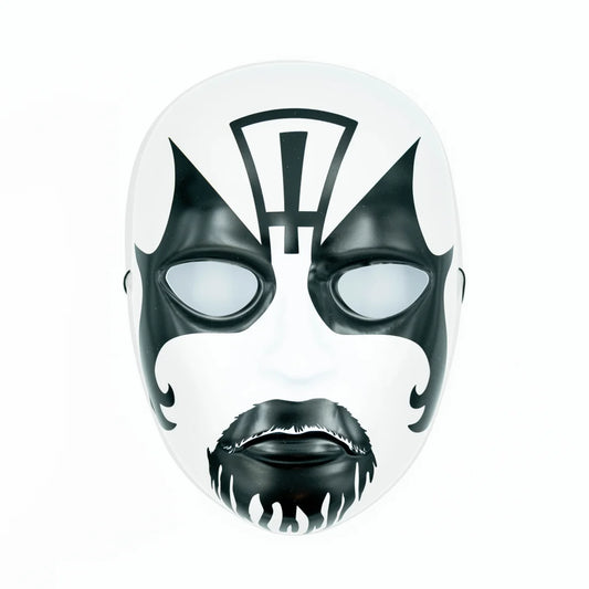 White and black King Diamond’s Abigail theatrical face mask with stylized beard and mustache