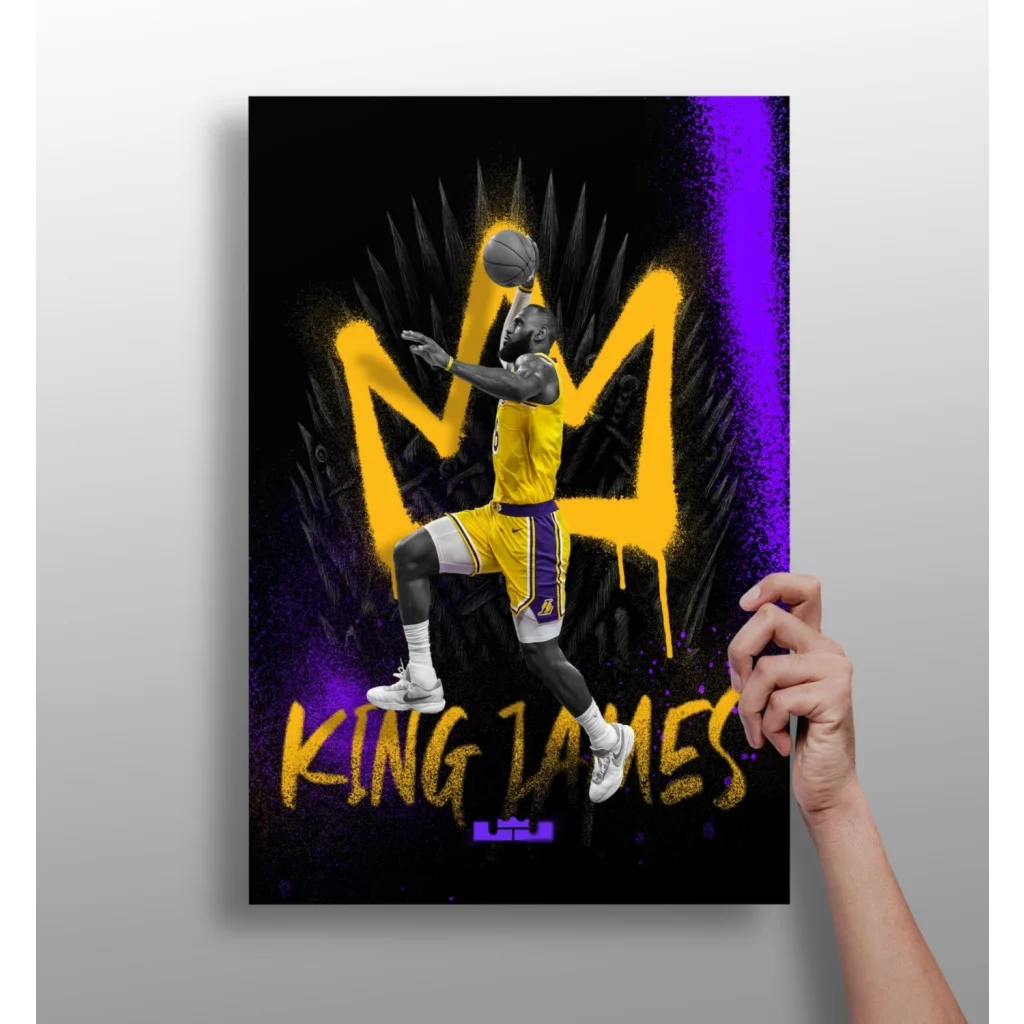 Vibrant King James insigne aluminum print of basketball player soaring mid-air