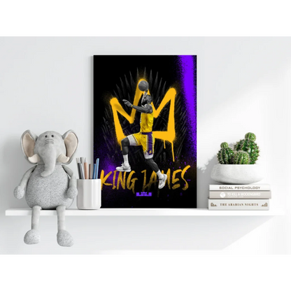 Vibrant King James insigne aluminum print of soaring basketball player