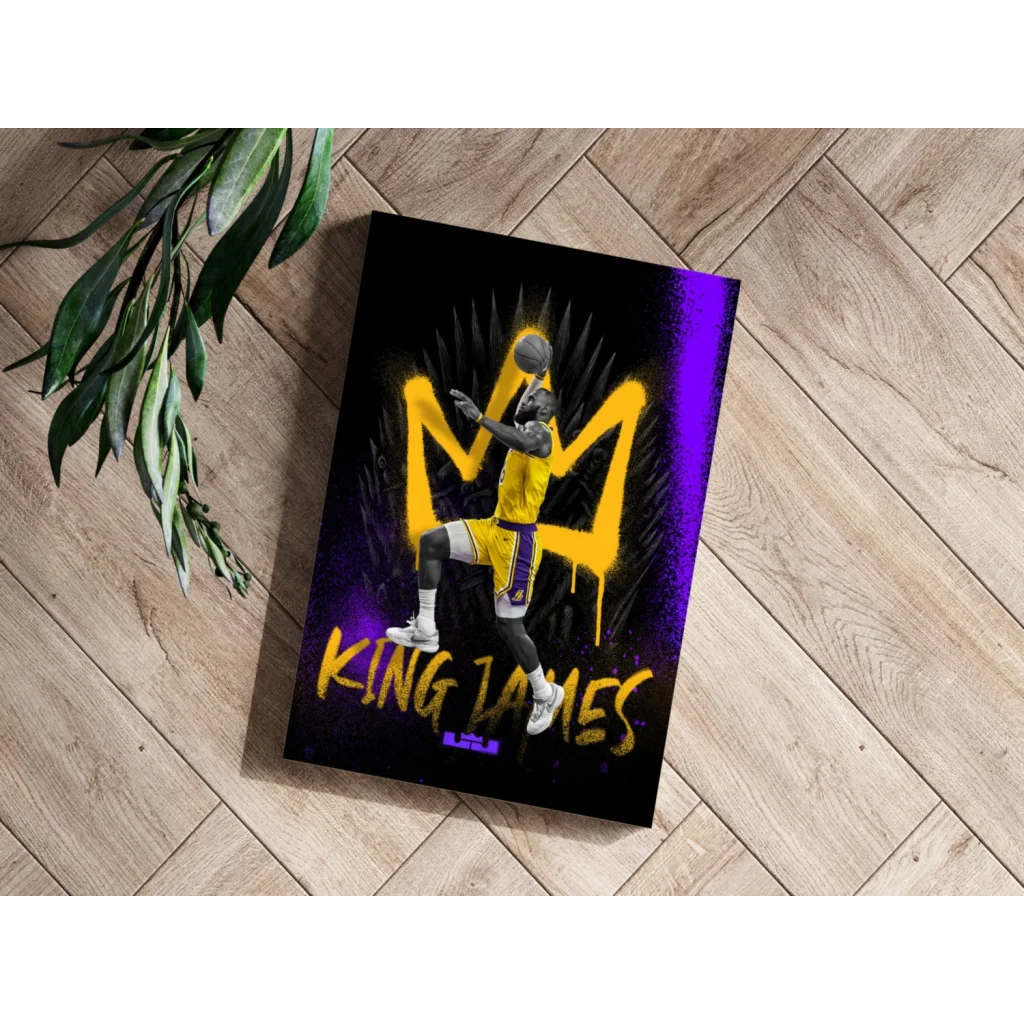 Vibrant Lakers King James insigne aluminum print of soaring player