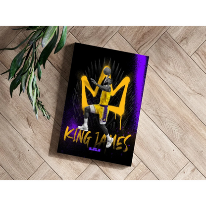 Vibrant Lakers King James insigne aluminum print of soaring player
