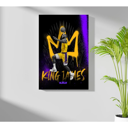 Vibrant King James Insigne Aluminum Print of mid-air basketball player