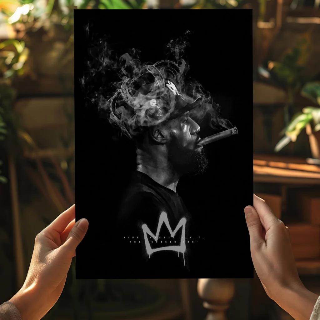 Monochrome man smoking with swirling smoke and crown on black insigne aluminum print