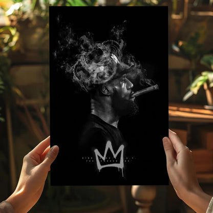 Monochrome man smoking with swirling smoke and crown on black insigne aluminum print