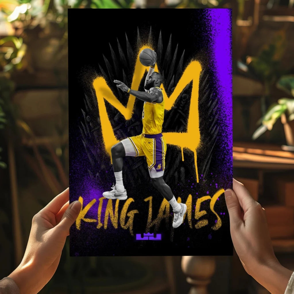 LeBron James mid-dunk on vibrant purple gold Insigne aluminum print