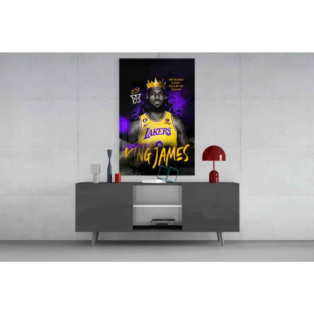 Vibrant purple gold LeBron James Lakers king crown wall art print