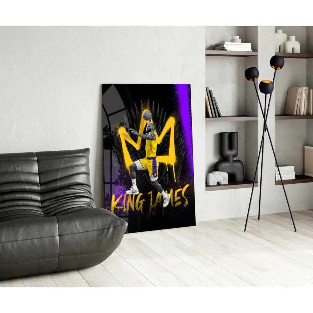 Vibrant King James glass wall art of basketball player in action