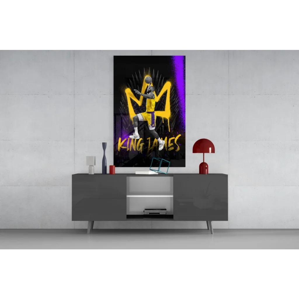 Vibrant yellow and purple glass wall art of mid-air basketball player