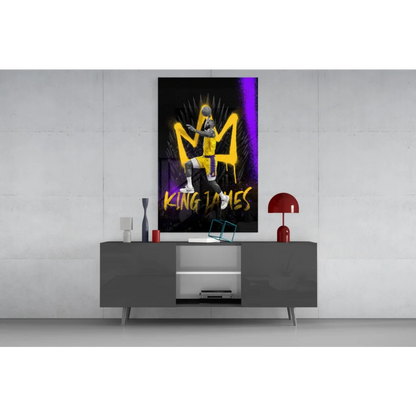 Vibrant yellow and purple glass wall art of mid-air basketball player