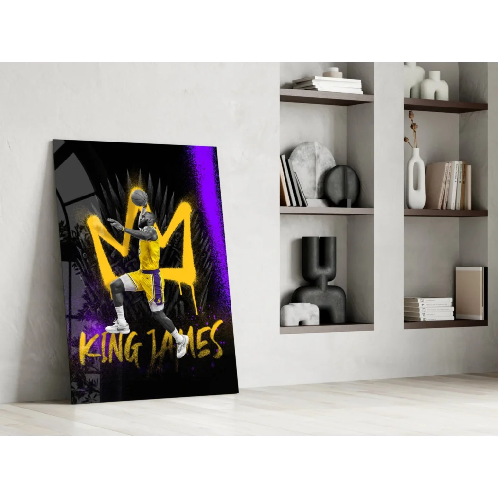 Vibrant king james glass wall art of basketball player in action