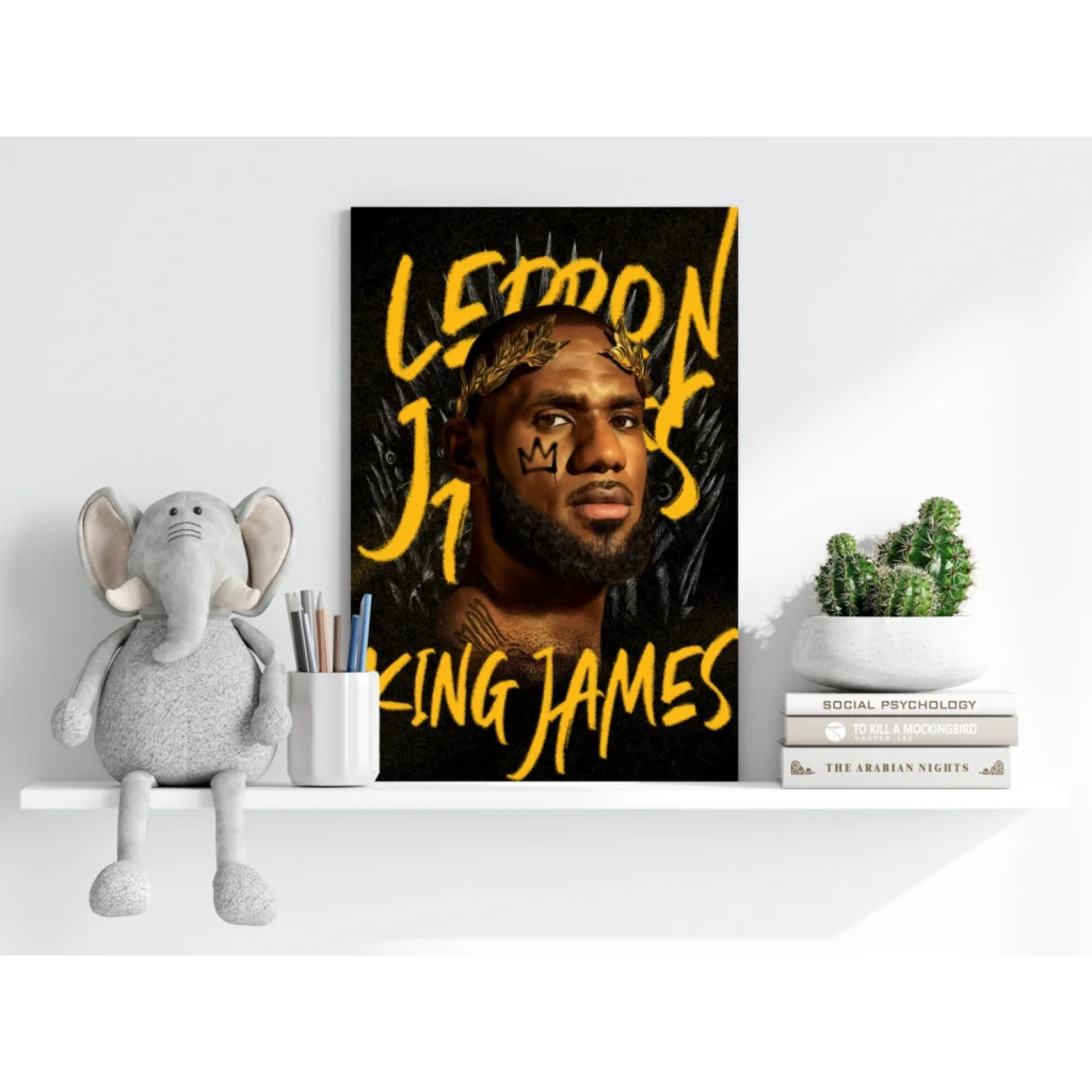 LeBron James bold black canvas print with golden crown on Insigne Aluminum Prints set