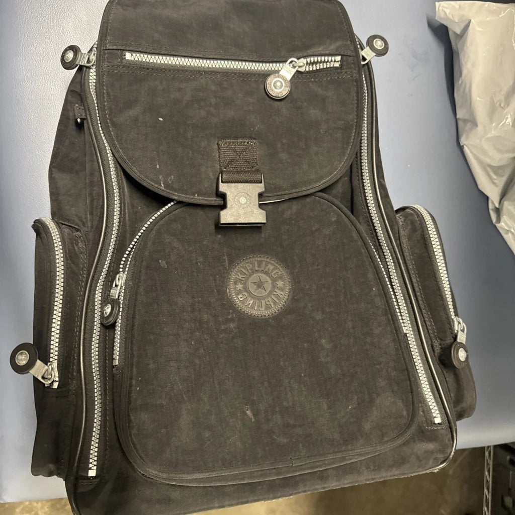 Kipling Gaze Large black suede printed rolling backpack with silver zippers