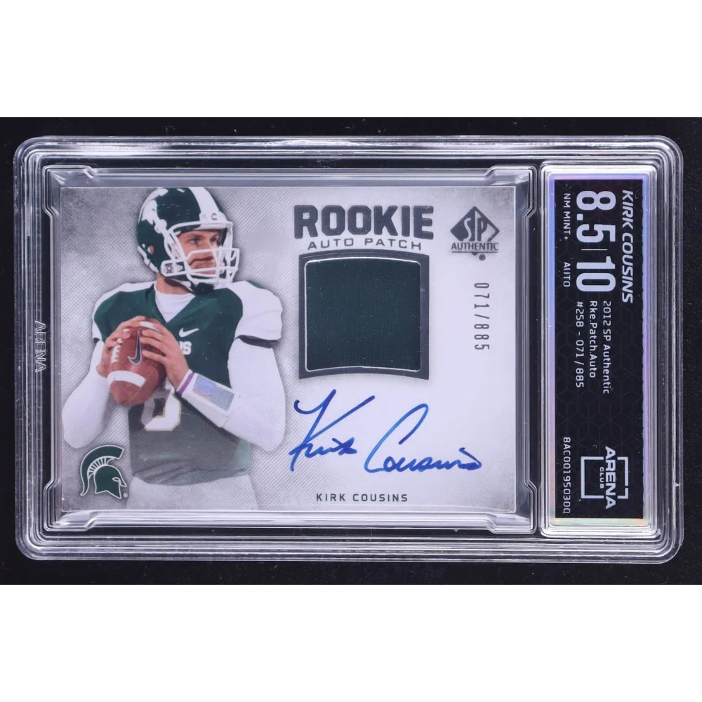Kirk Cousins rookie card with auto patch, serially numbered, graded 8.5/10