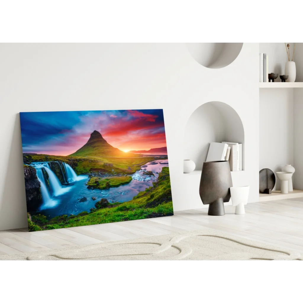Stunning Iceland Waterfall Glass Wall Art with Fiery Sunset | Modern Wall Art Decor | vintageantiquesgifts.com