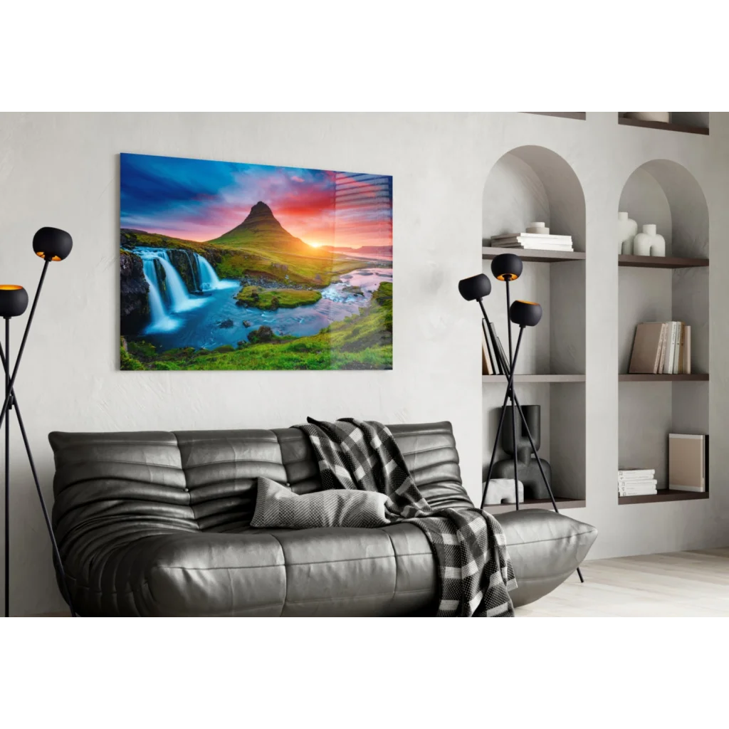 Stunning Iceland Waterfall Glass Wall Art with Fiery Sunset | Contemporary Home Wall Art | vintageantiquesgifts.com