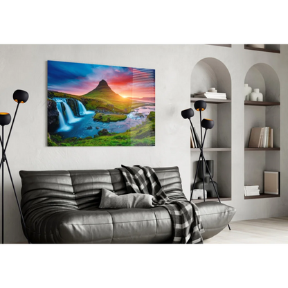 Stunning Iceland Waterfall Glass Wall Art with Fiery Sunset | Contemporary Home Wall Art | vintageantiquesgifts.com
