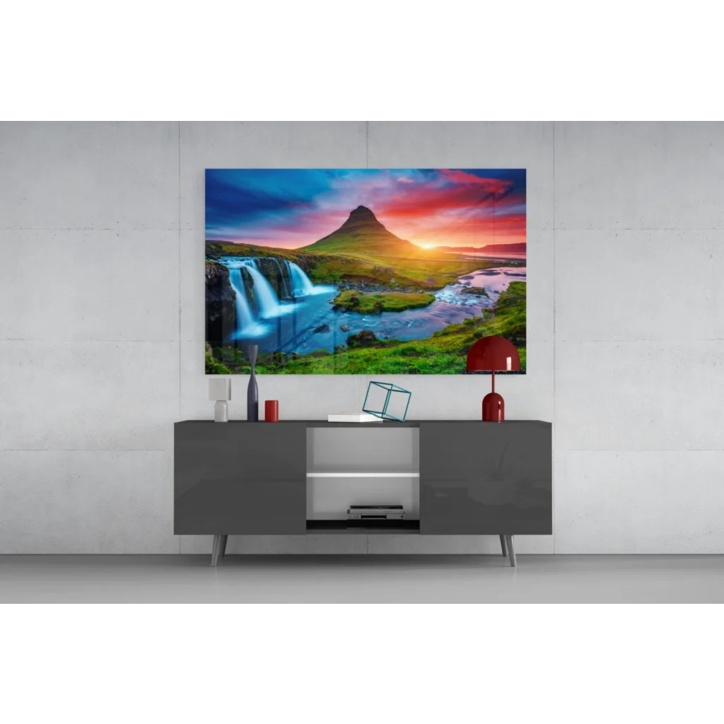 Stunning Iceland waterfall glass wall art with fiery sunset vibes