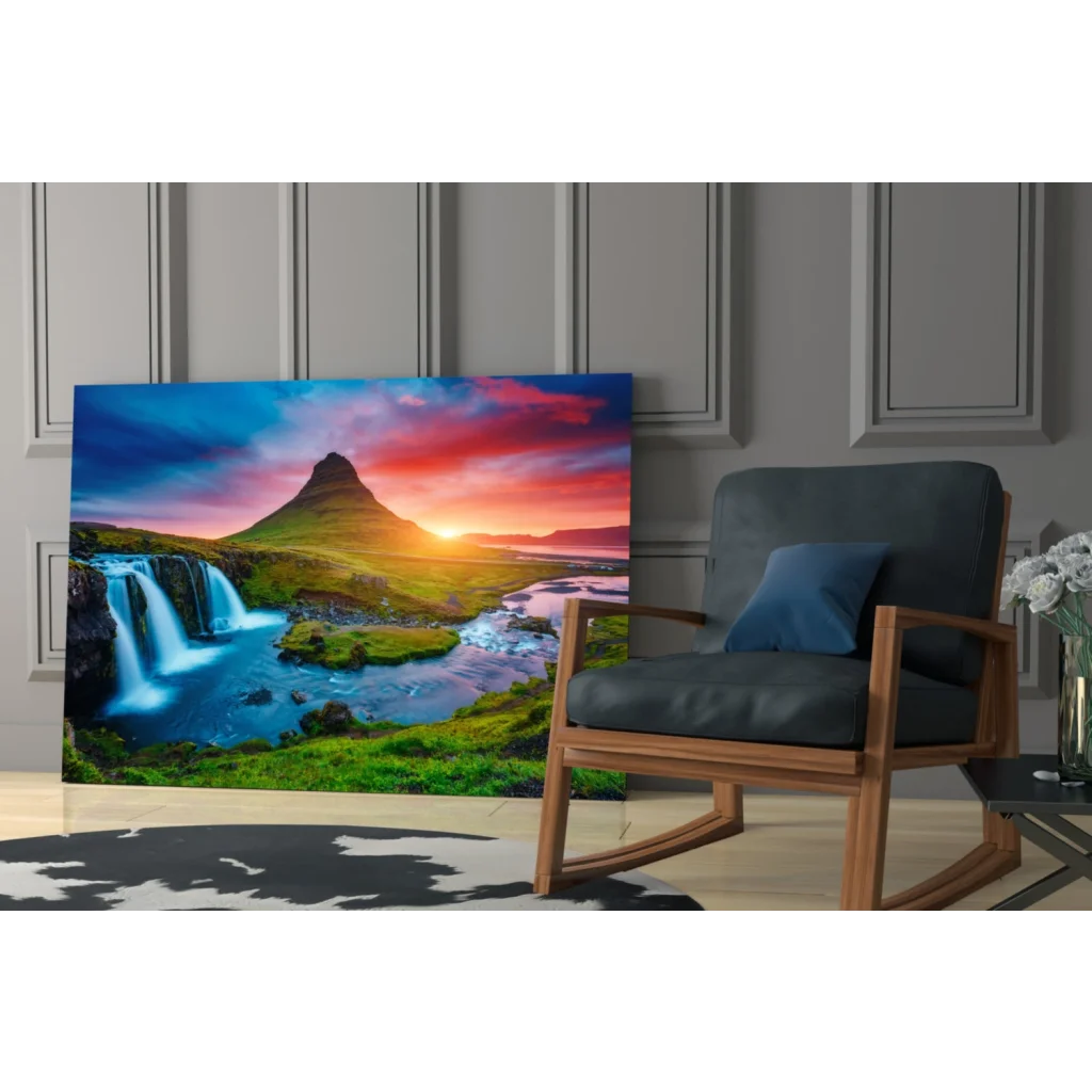 Stunning Iceland waterfall glass wall art with fiery sunset