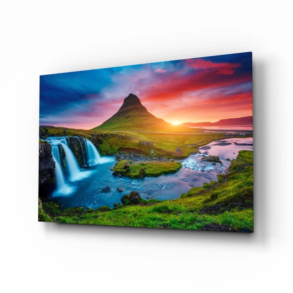 Stunning Iceland Waterfall Glass Wall Art with Fiery Sunset | Insigneart USA | vintageantiquesgifts.com