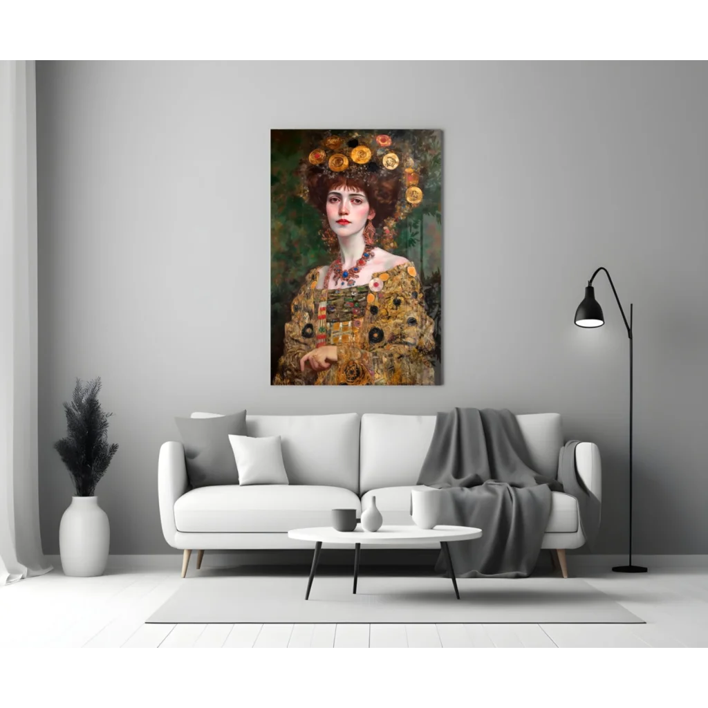 Golden Goddess glass wall art portrait of vibrant woman in floral jewelry
