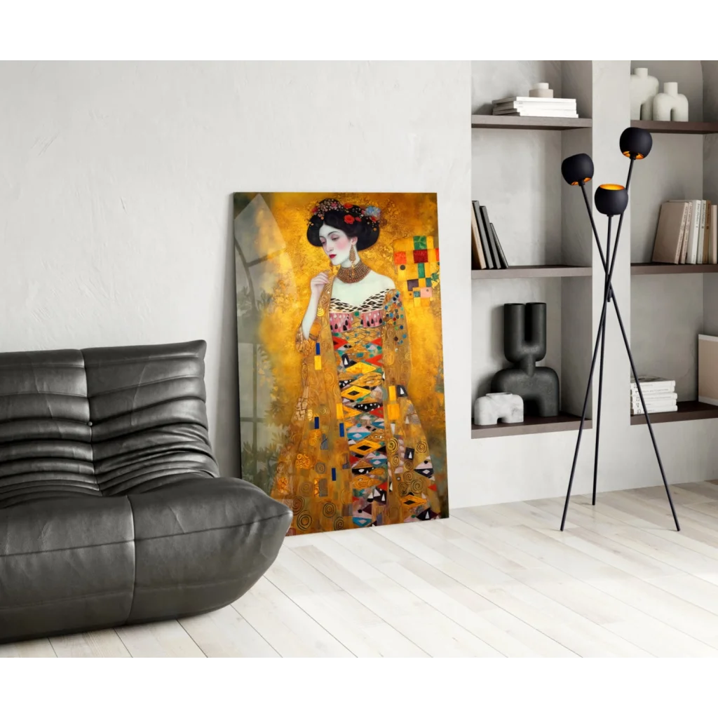 Vibrant gold and orange glass wall art print of woman in ornate gown