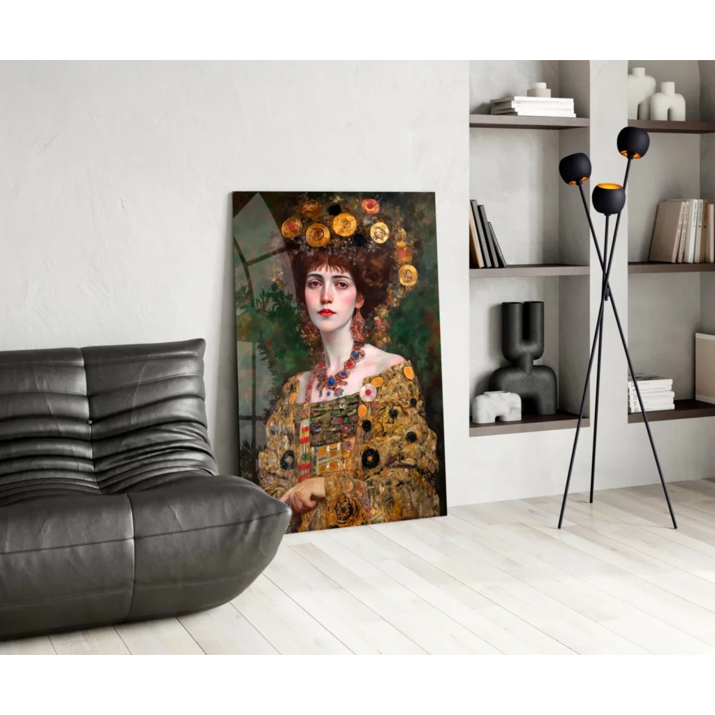 Golden Goddess glass wall art portrait canvas of vibrant woman in ornate gold jewelry