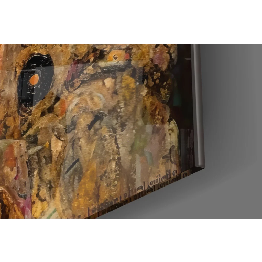 Golden Goddess glass wall art with abstract gold, brown, black layers and orange eye