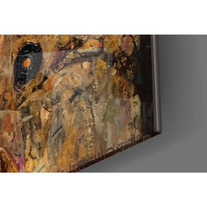 Golden Goddess glass wall art with abstract gold, brown, black layers and orange eye