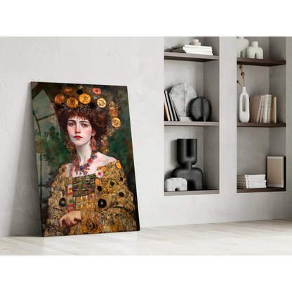 Golden goddess glass wall art portrait of vibrant woman with floral headpieces