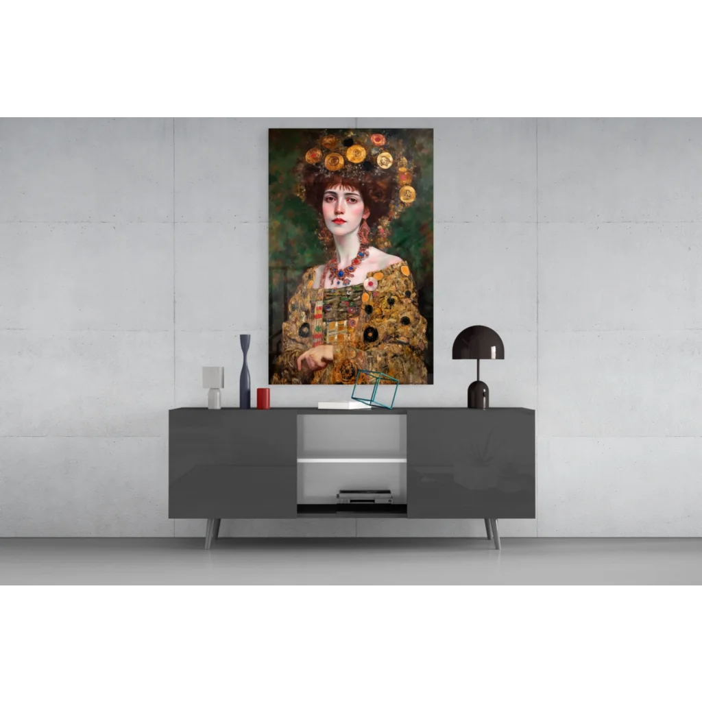Golden Goddess glass wall art portrait of vibrant woman in floral headdress