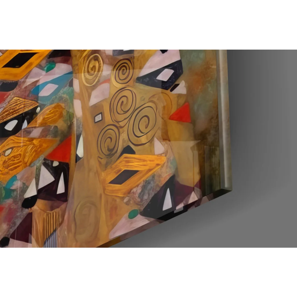 Vibrant abstract glass wall art with swirling gold patterns and bold shapes