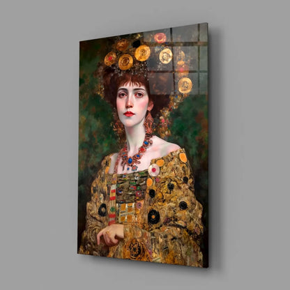 Golden Goddess glass wall art portrait of woman in ornate gown