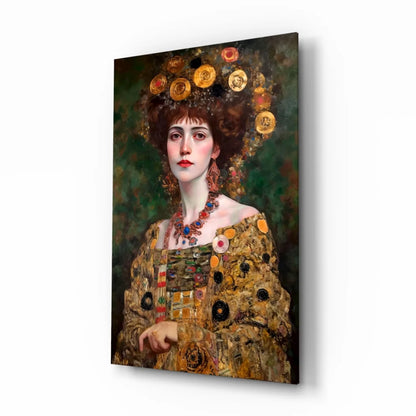 Golden goddess glass wall art portrait of woman in ornate gold attire