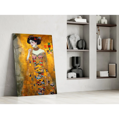 Vibrant gold geometric glass wall art print of woman in ornate dress