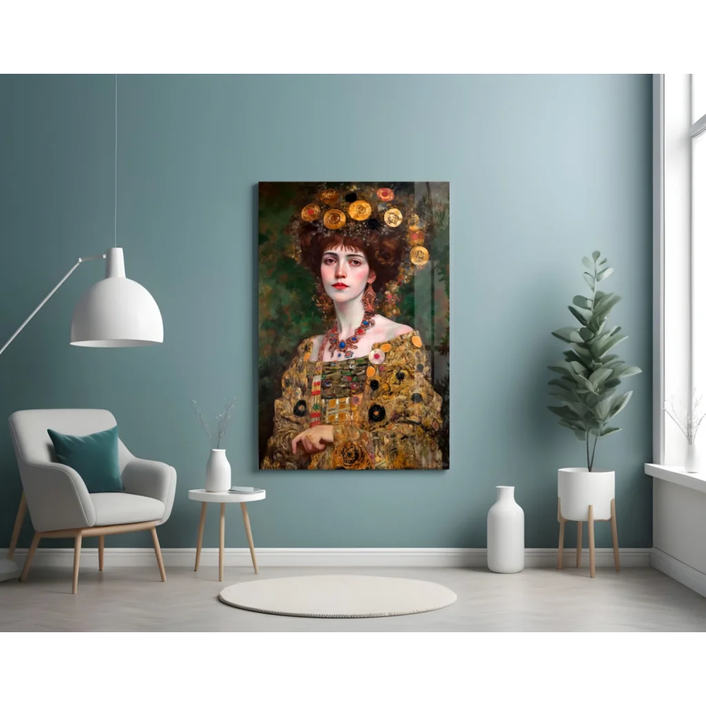 Golden goddess glass wall art portrait of vibrant woman with floral headpieces